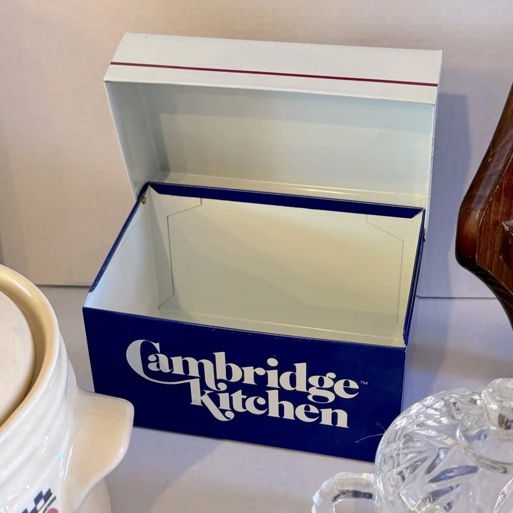 Vintage Blue and White Metal Recipe Box Cambridge Kitchen Graphic Cottagecore